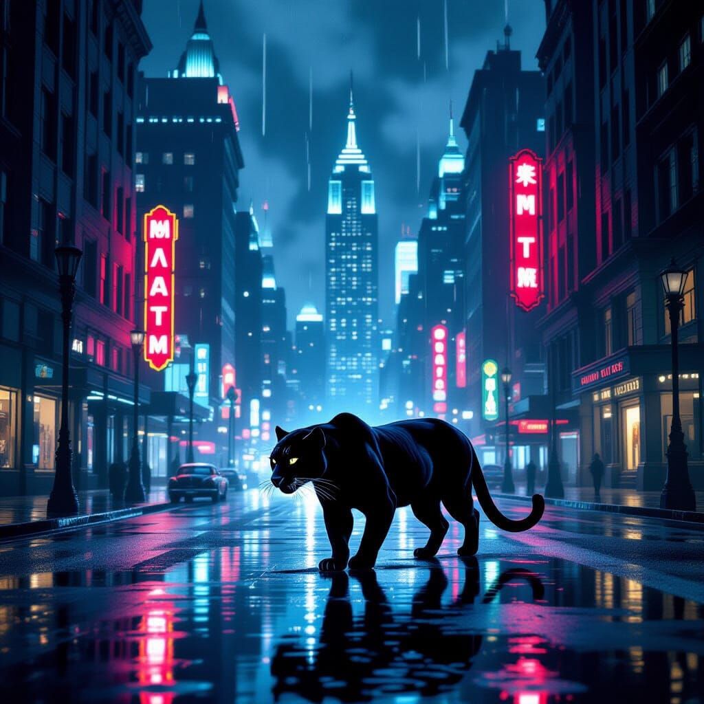 Obsidian Panther in a Noir Art Deco City at Midnight