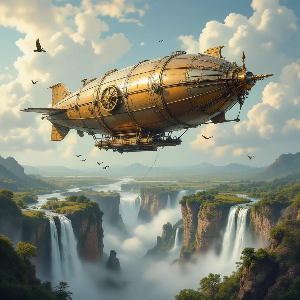 Majestic Airship Above Waterfalls and Floating Islands