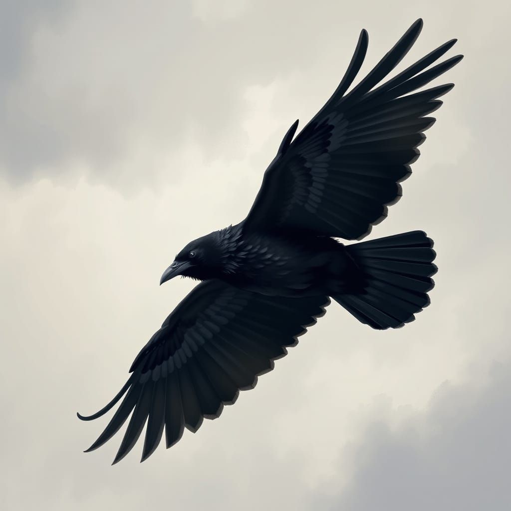 Majestic Crow in Flight Amidst Cloudy Skies in Dynamic Brush...