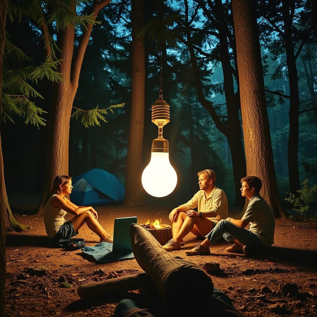 Campers Gathered Around Giant Lightbulb in Forest