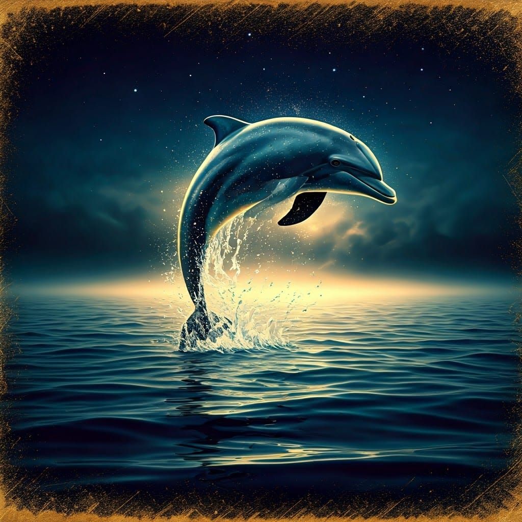 Ethereal Dolphin Leaps in Moonlit Ocean, Golden Accents, Wat...