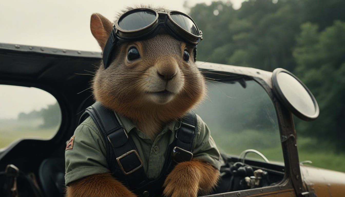 Heroic Squirrel Pilot in Vintage Airplane Cockpit