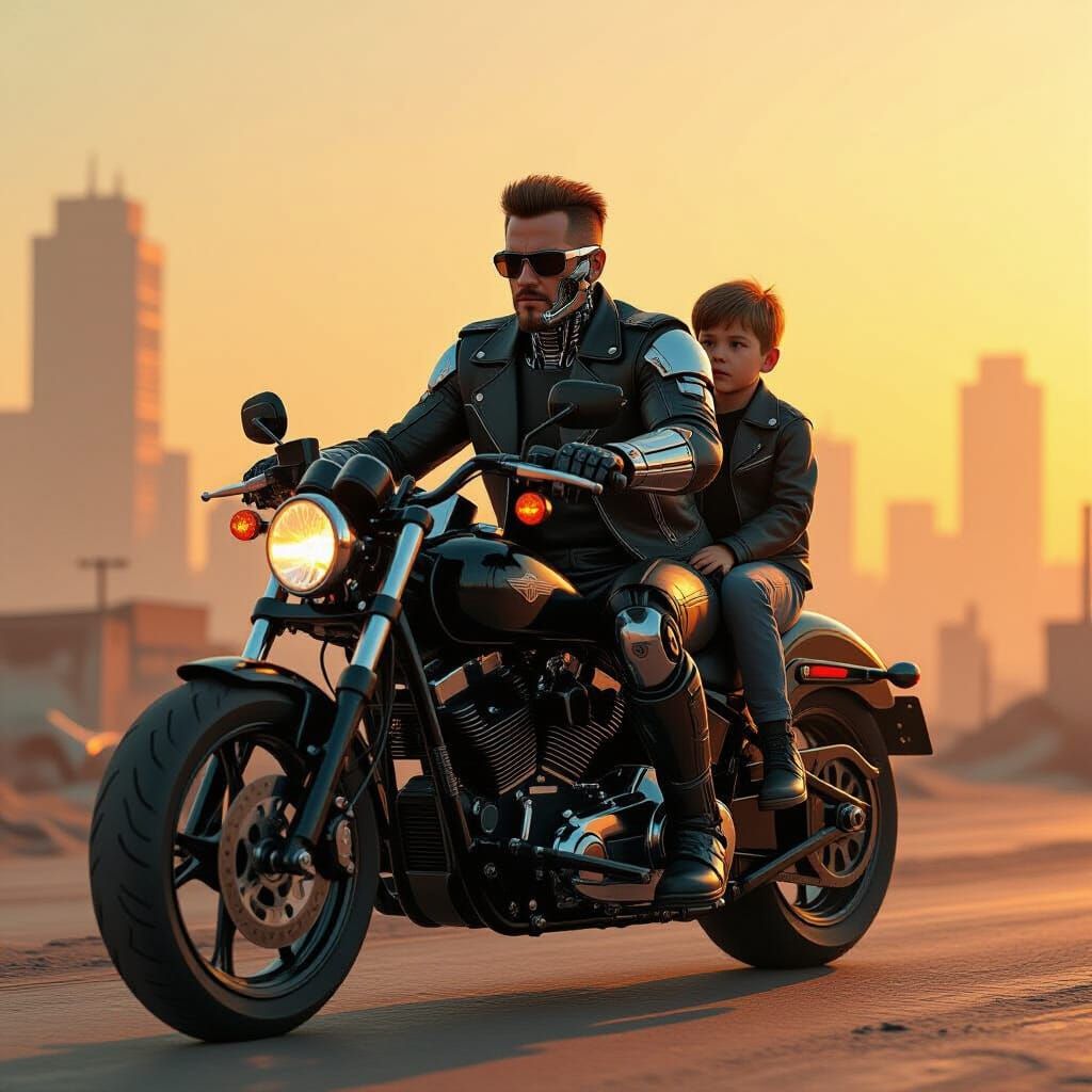 Cyborg Rider with Boy in Post-Apocalyptic Cityscape