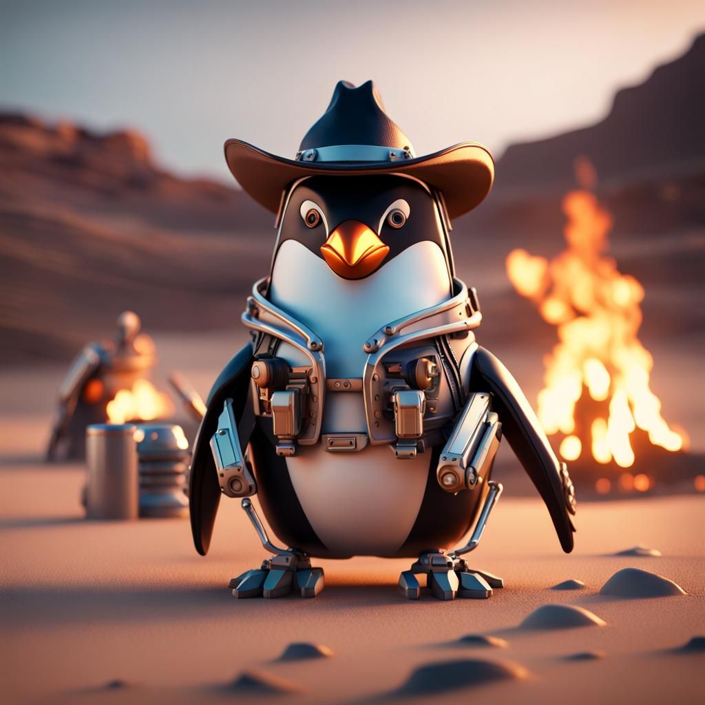 Cowboy Penguin at Desert Campfire in Sci-Fi Style