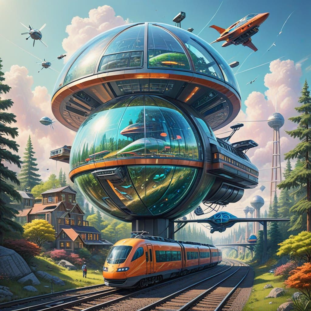 Futuristic Seaside Community in Colored Pencil Style