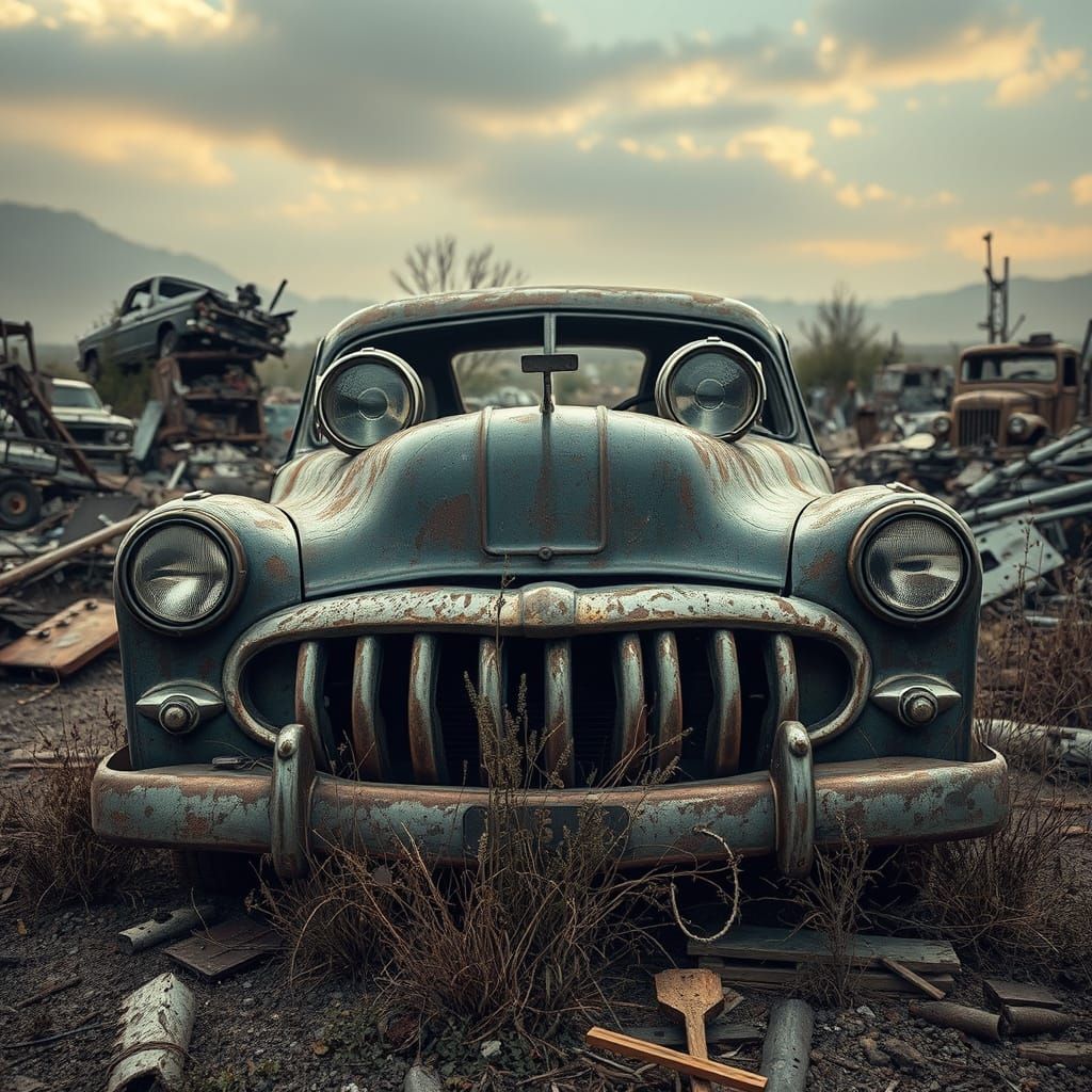 Rusty Car Scowls in Dystopian Junkyard