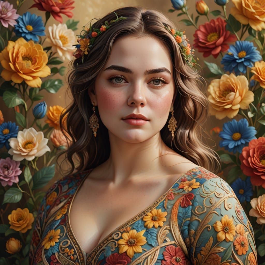 Confident Plus-Size Lady in Elegant Floral Dress