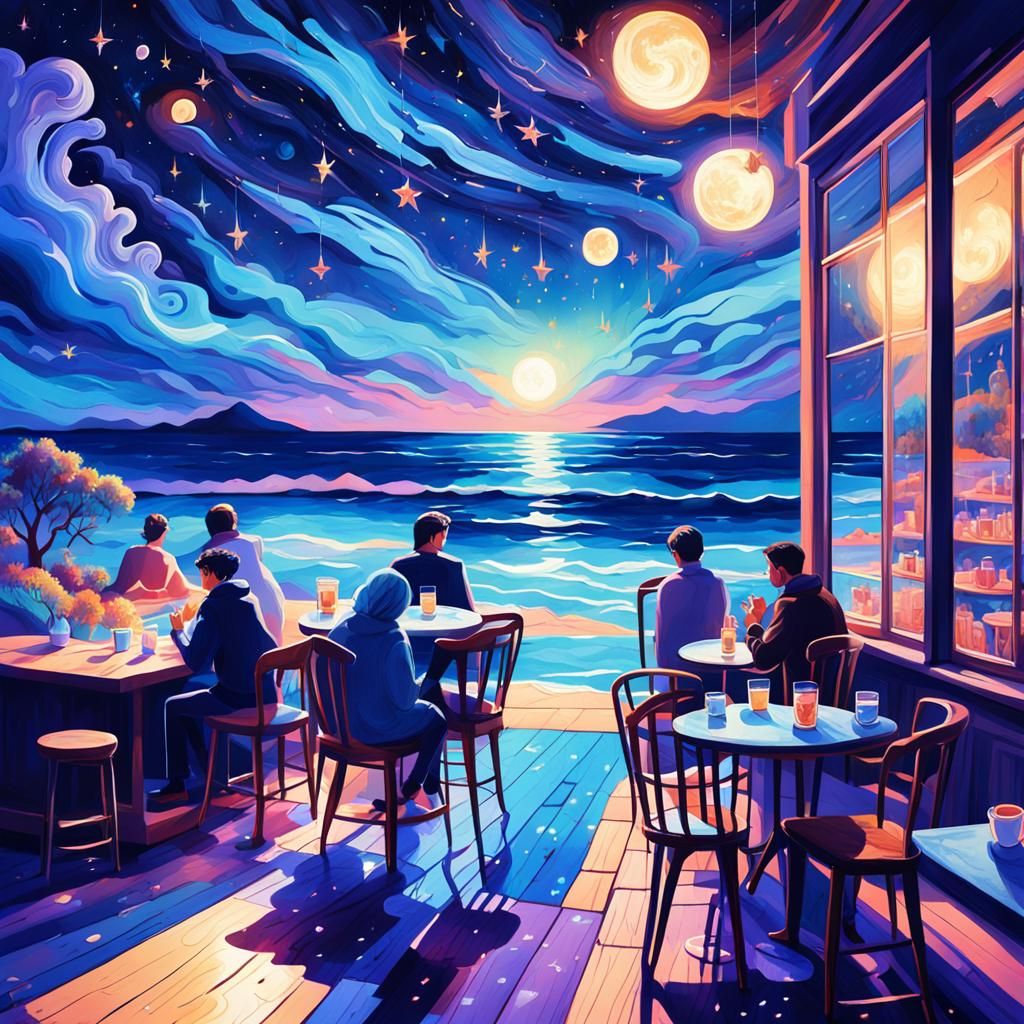 Cozy Cafe Under Astral Sky: Surrealist Illustration
