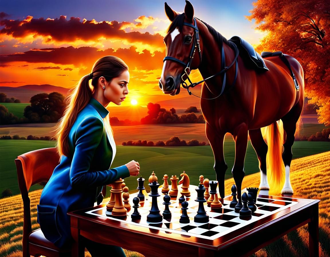 Chess Queen's Sunset Game: Surreal Hyperrealistic Art