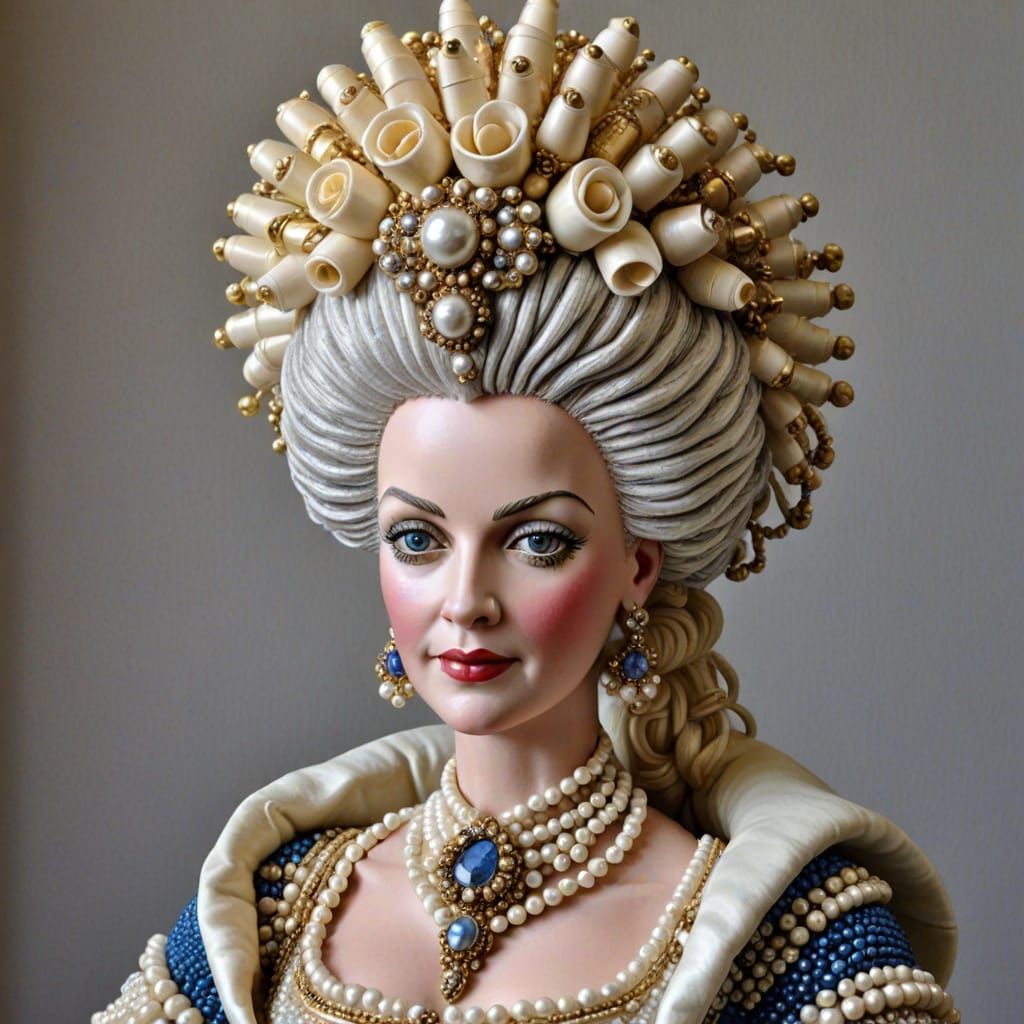 Marie Beadtoinette made entirely out of beads, with her hair crafted all of ivory beads.