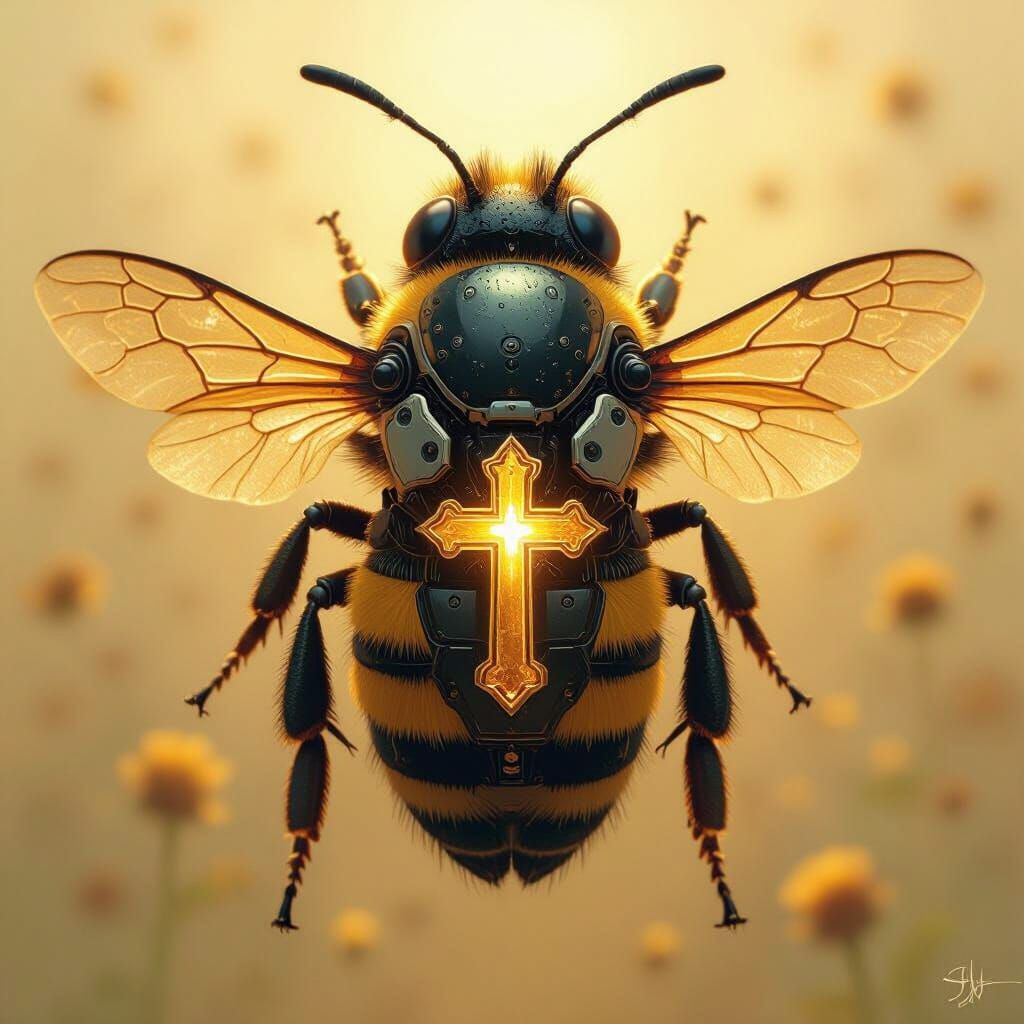 Bee with Metallic Cross Exosuit in Digital Painting Style