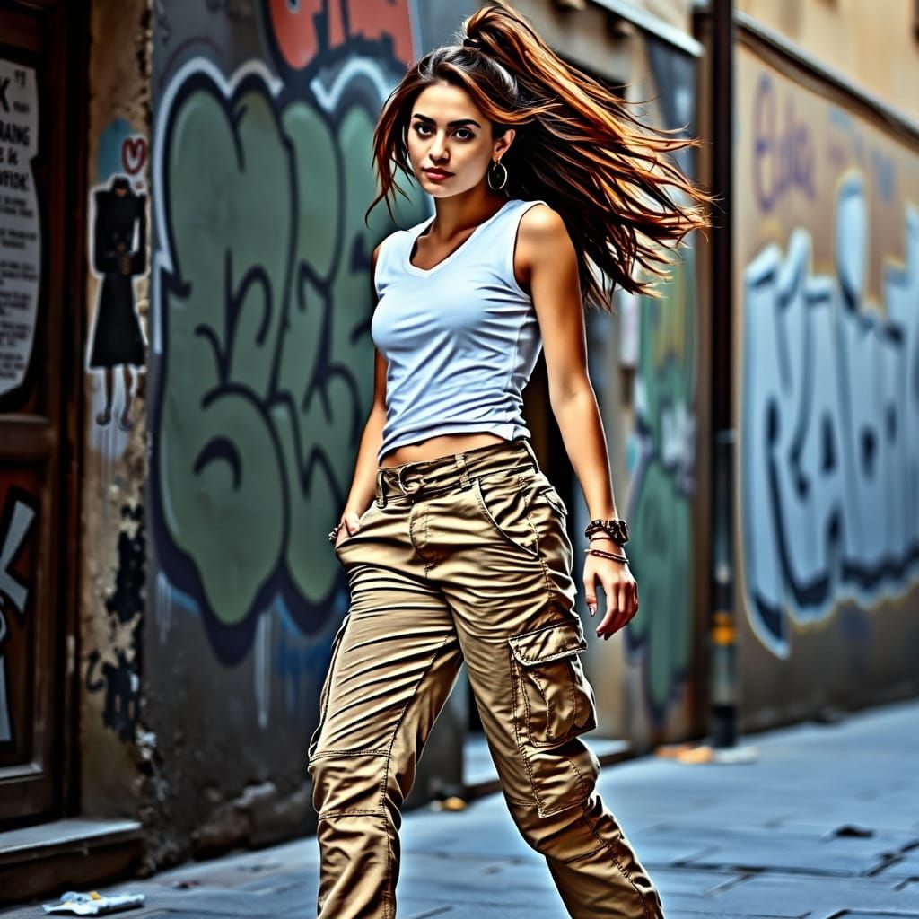 Spanish Hip Hop Dancer in Wide Cargo Pants and White Tank To...