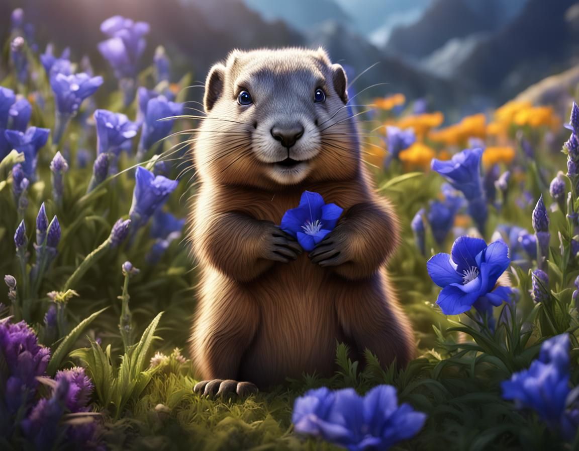 Baby Marmot Plays in Field of Blue Gentians