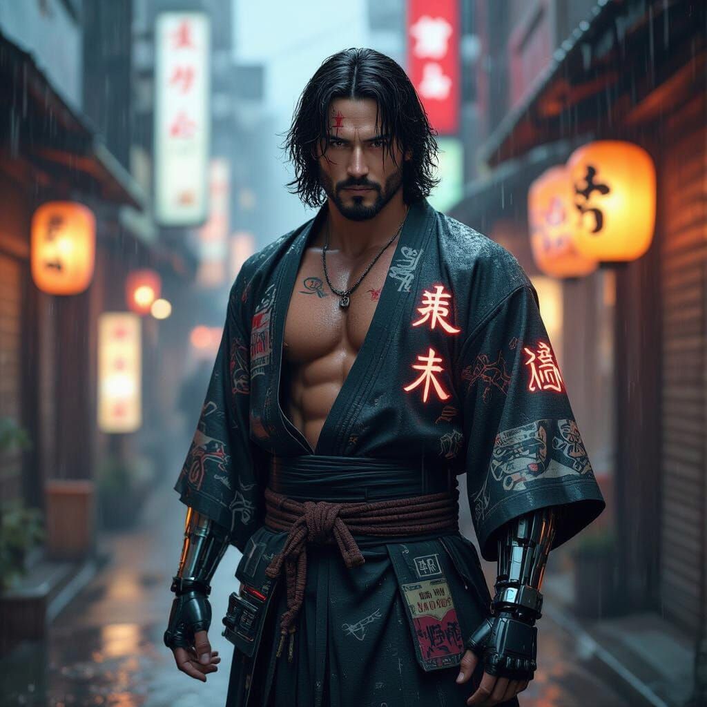 Cyberpunk Warrior in Rain-Slicked Tokyo Alleyway