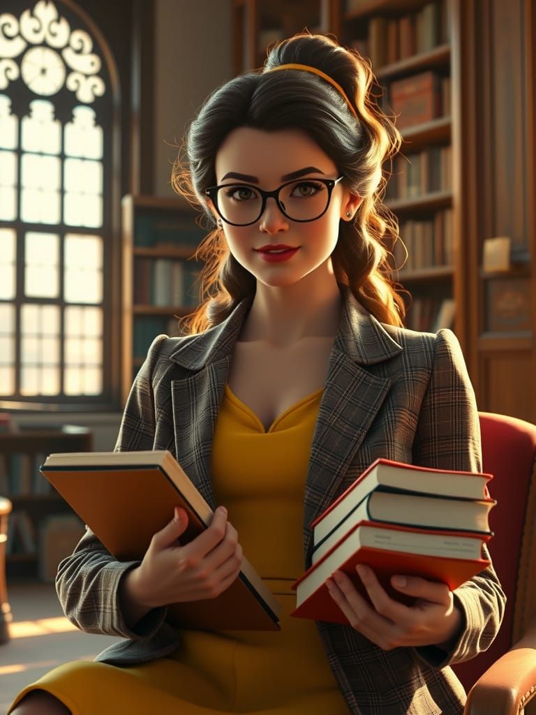 Princess Belle as a Student in a Sunlit Library