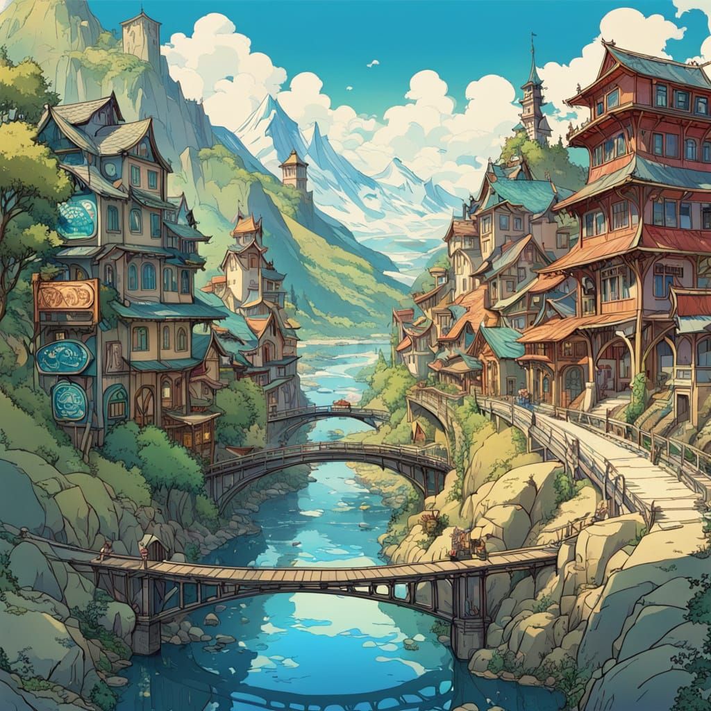 Bridges at Crossroads in a Vibrant Anime Style