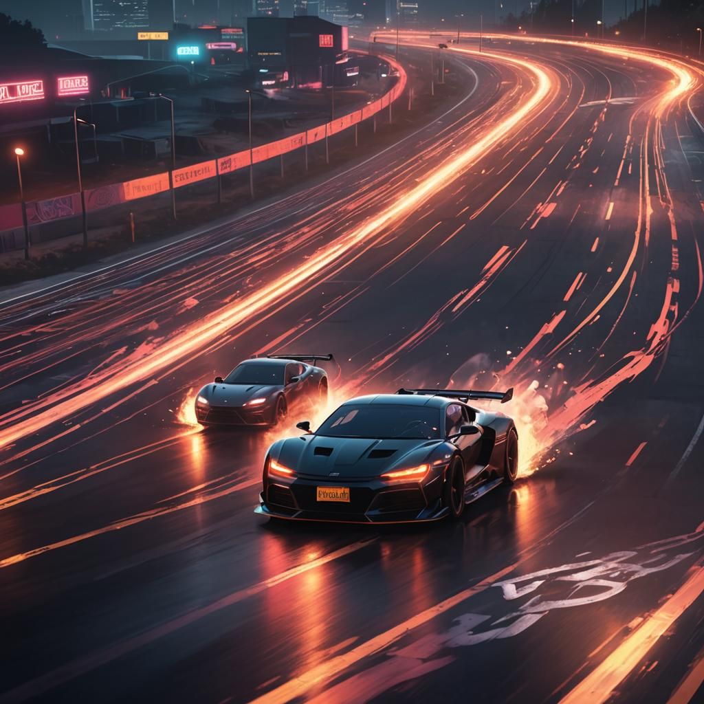 Cyberpunk Sports Car Race Through Neon Portals