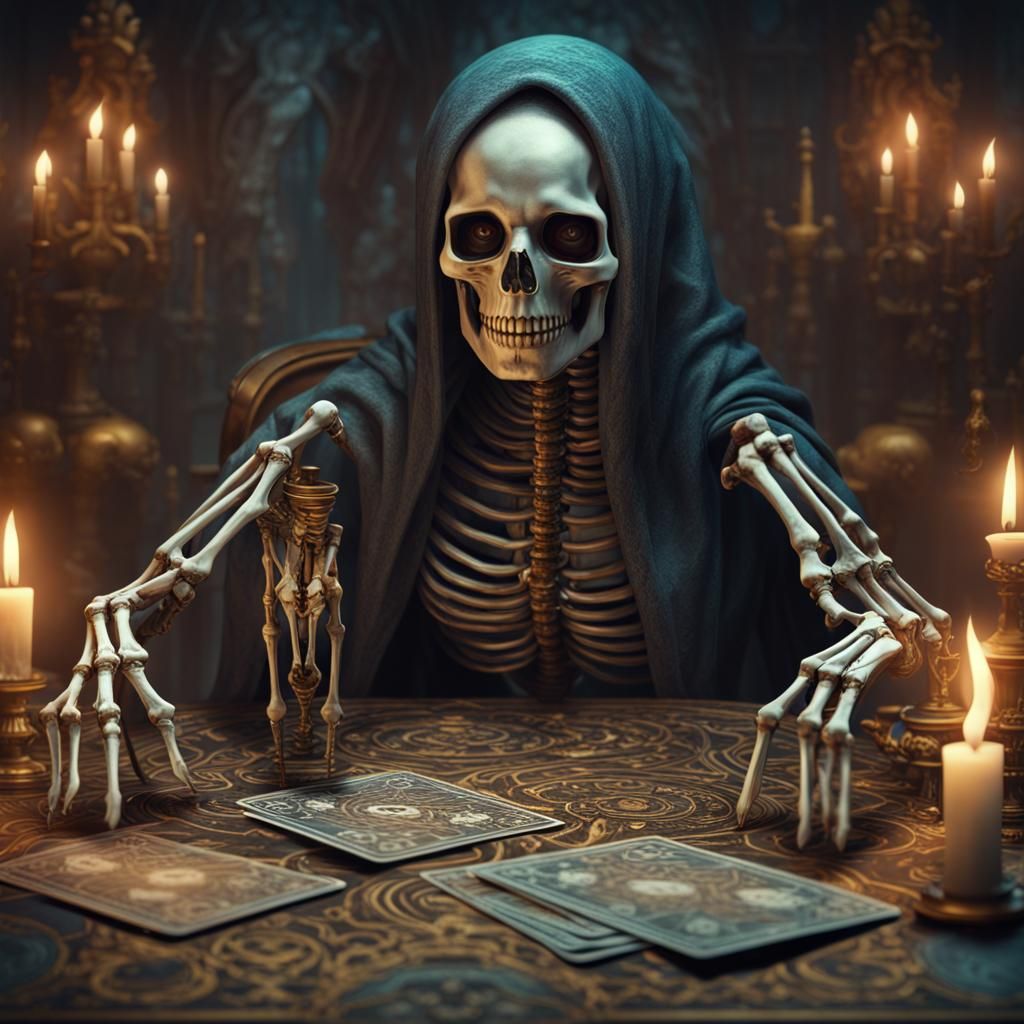 Skeleton Woman Dealing Tarot Cards: Fantasy Art