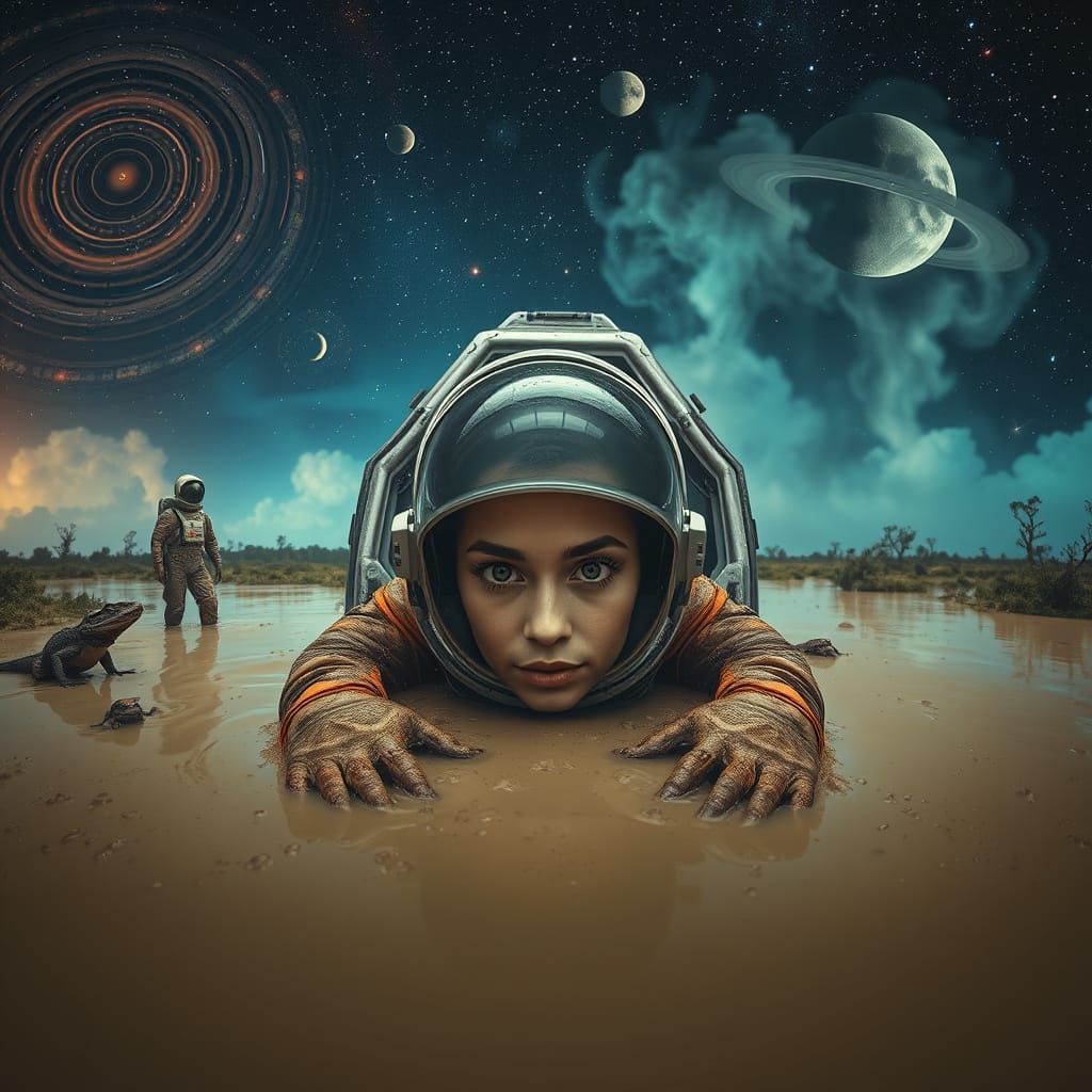 Astronauts Stuck in Mud Swamp Under Galactic Night Sky