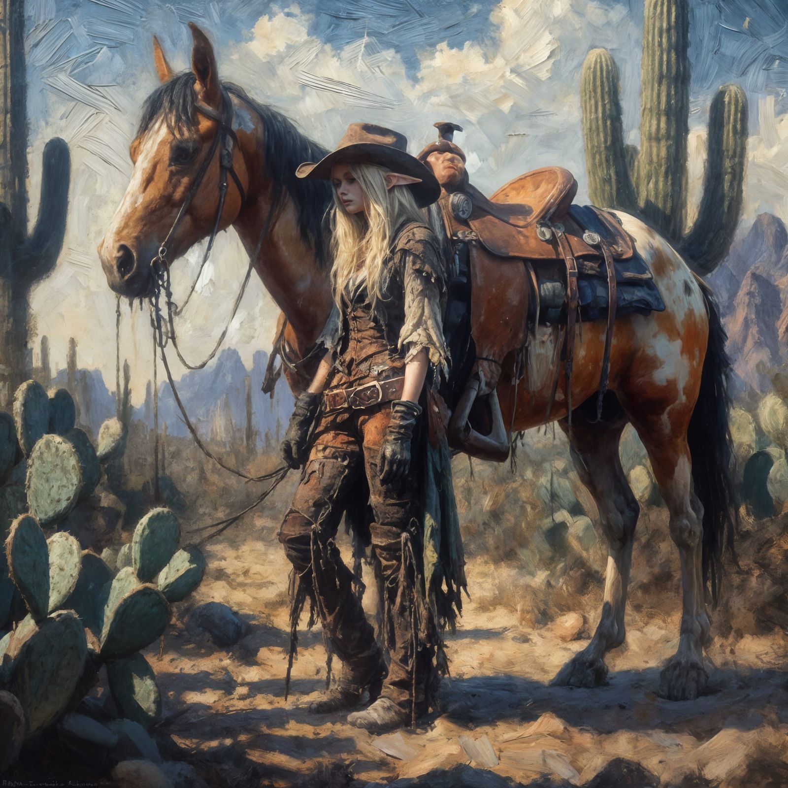 Desert Elf Cowgirl in Tenebrism Oil Painting