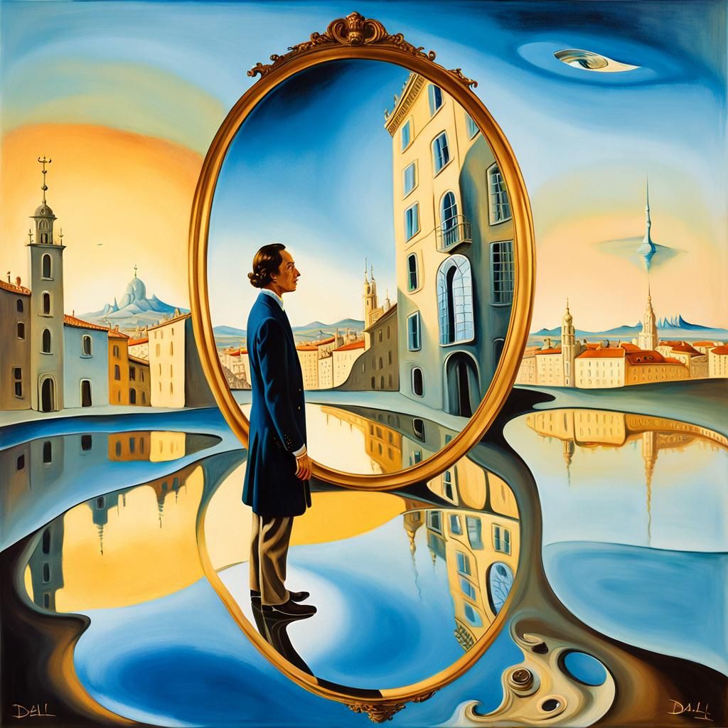 Surreal Cityscape Reflected in Distorted Mirror
