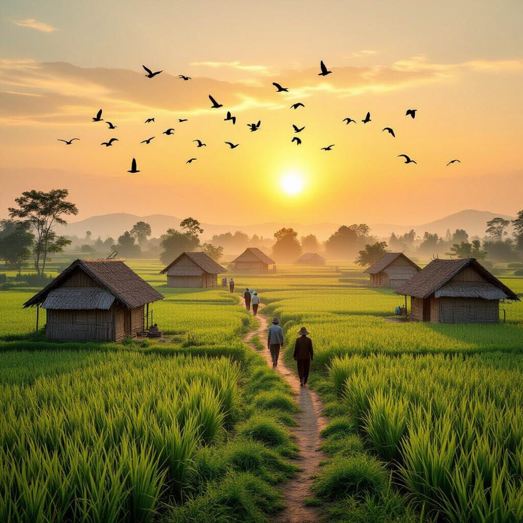Sunrise Over Rural Village with Farmers and Birds
