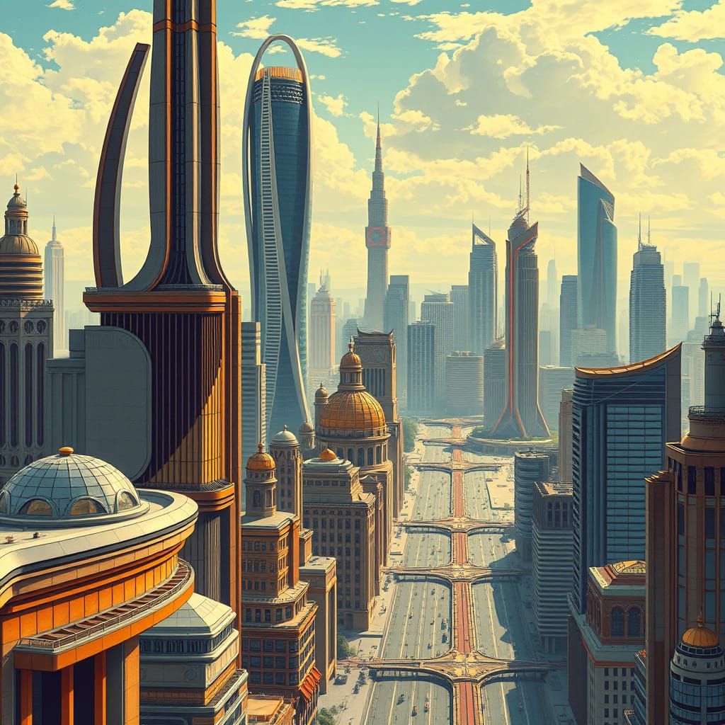 Futuristic Utopia in Art Deco Art Nouveau Style