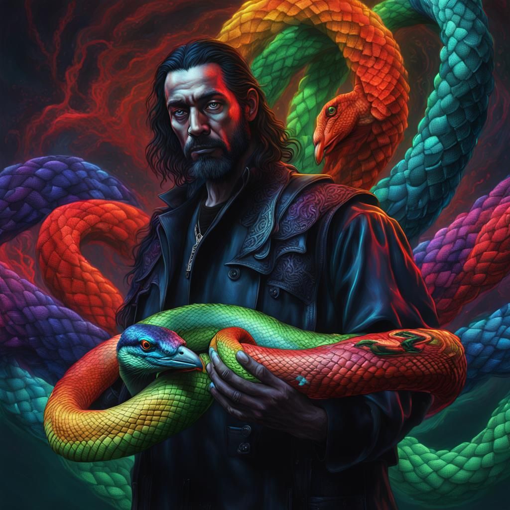 Raven Embracing Rainbow Serpent: Neon Fantasy Realism