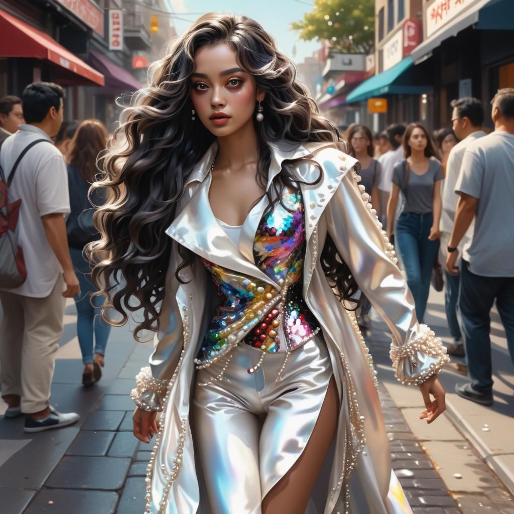 Hyperrealistic Woman in Pearl Outfit on Sidewalk