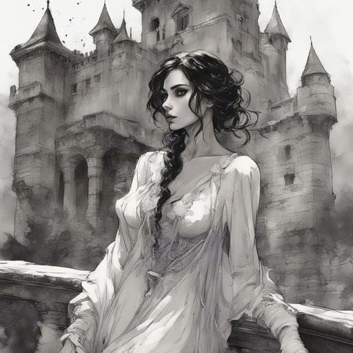 Creepy Castle Ghost Girl Portrait in Splash Art Style