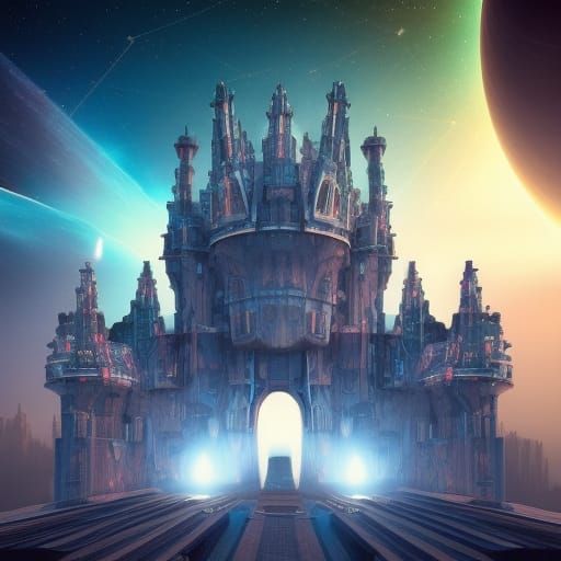 Futuristic Gothic Castle on Alien Planet with Nebula