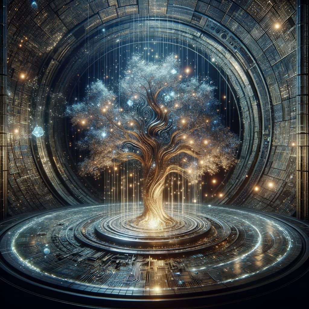 Mystical Future Tech Tree Room in Blue and Gold Aura