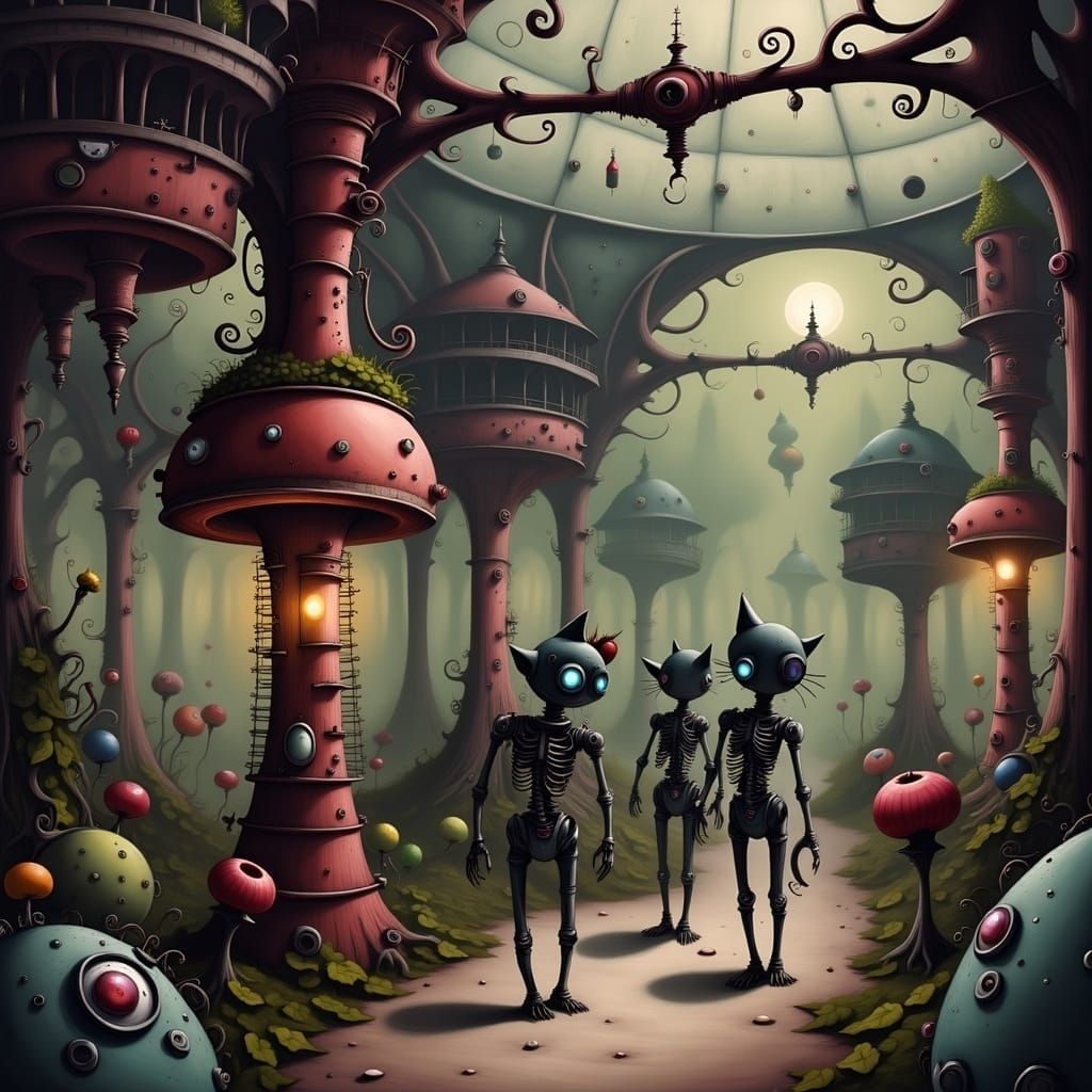 Gothic Space Station Greenhouse with Steampunk Cats