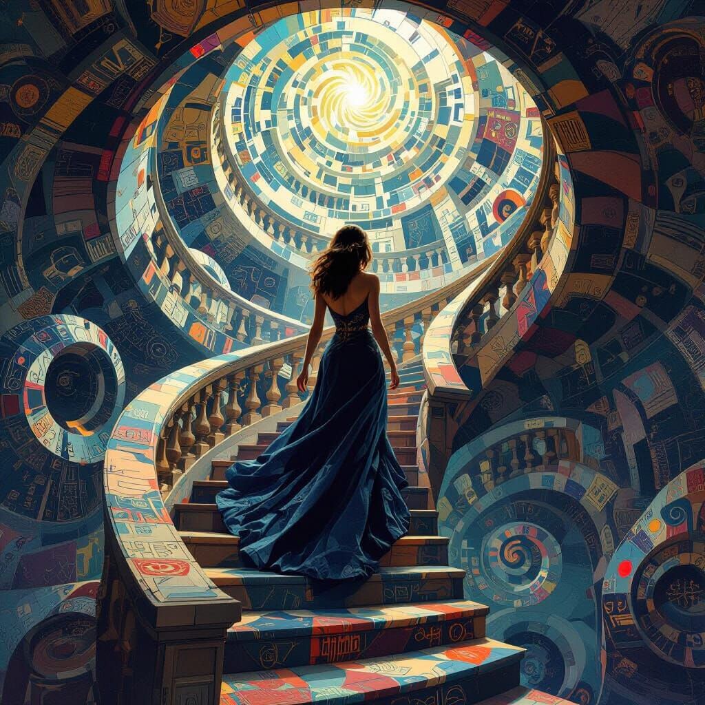 Mysterious Woman Ascending Impossible Staircase in Dreamlike...