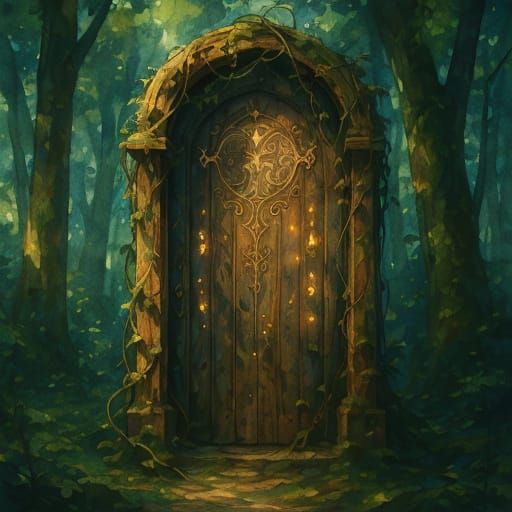Mysterious Door in Primeval Forest: Watercolor Style