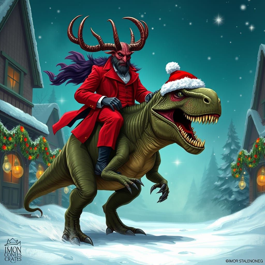 Krampus Rides T-Rex in Christmas Fantasy Art