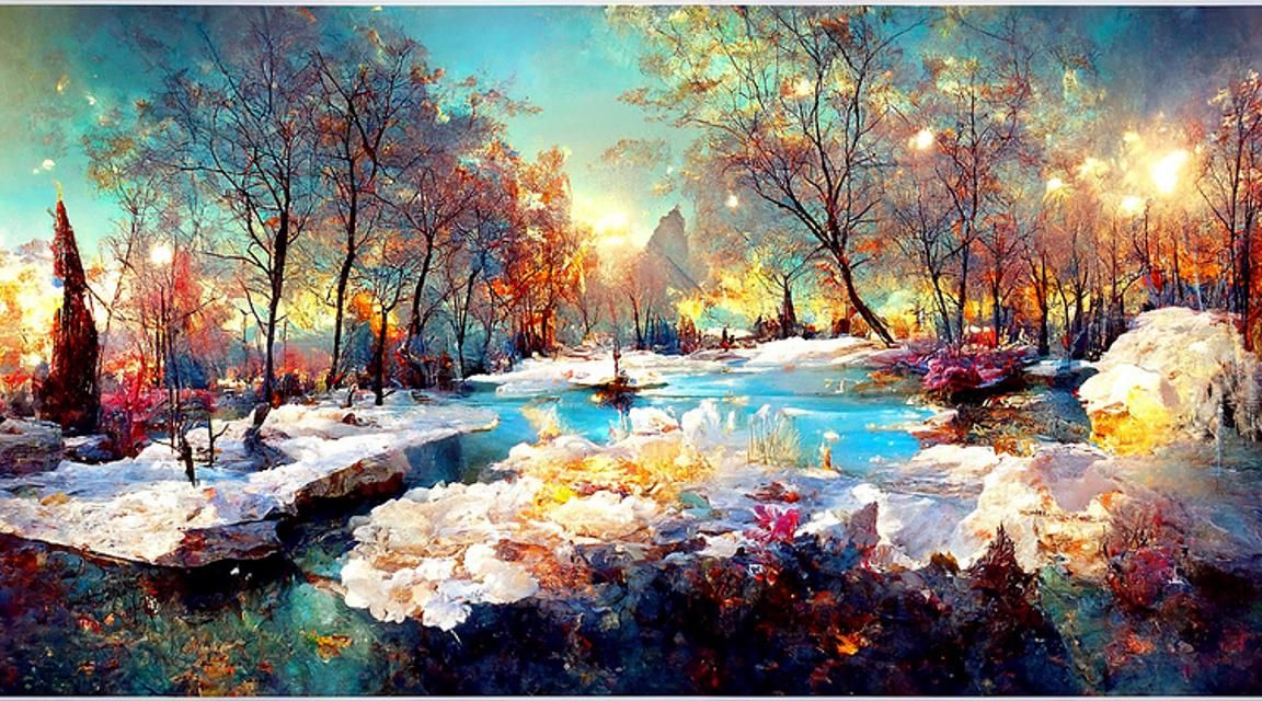 Ethereal Winter Forest with Glowing Moon in Oil Painting Sty...