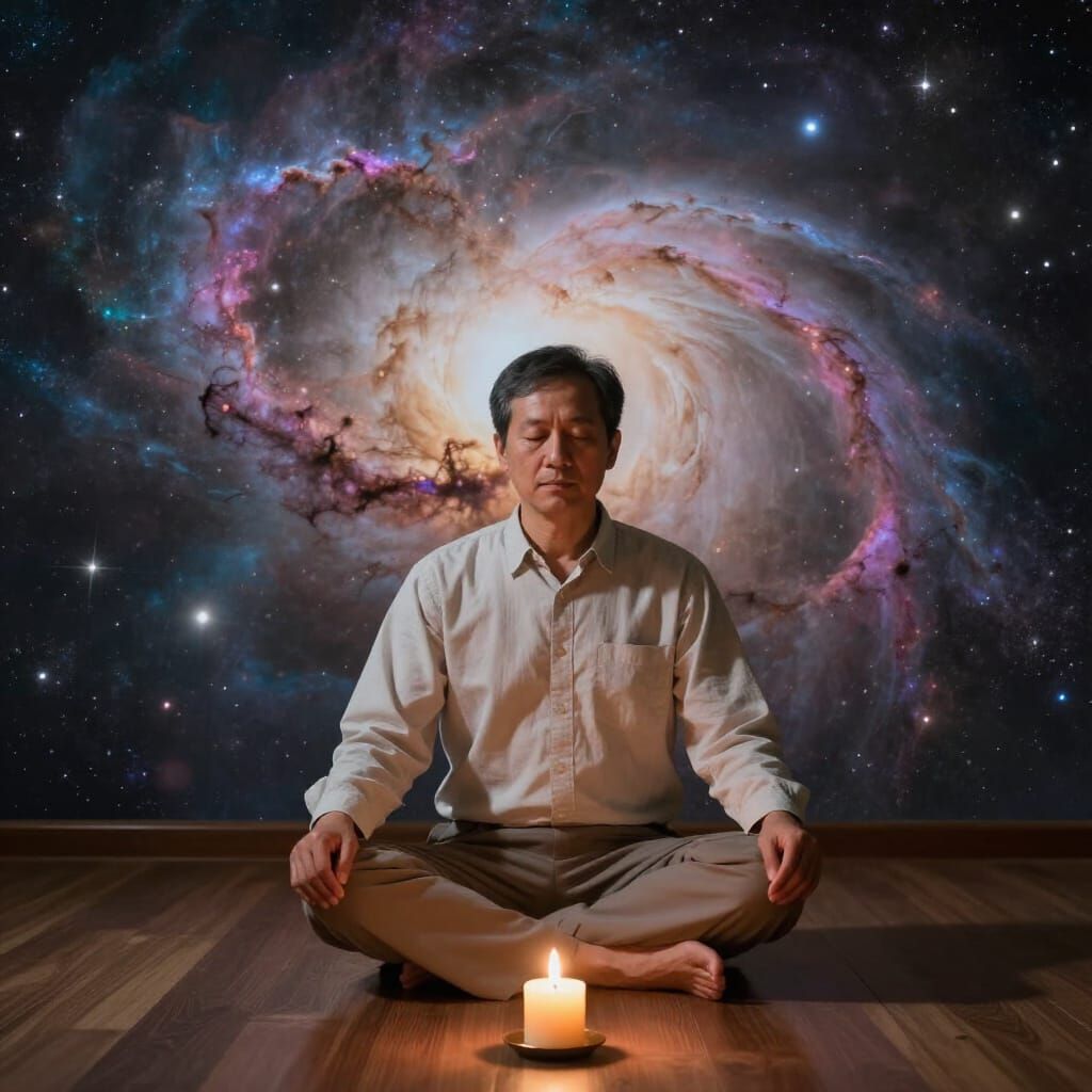 Man Meditating on Candle in Cosmic Nebula Background