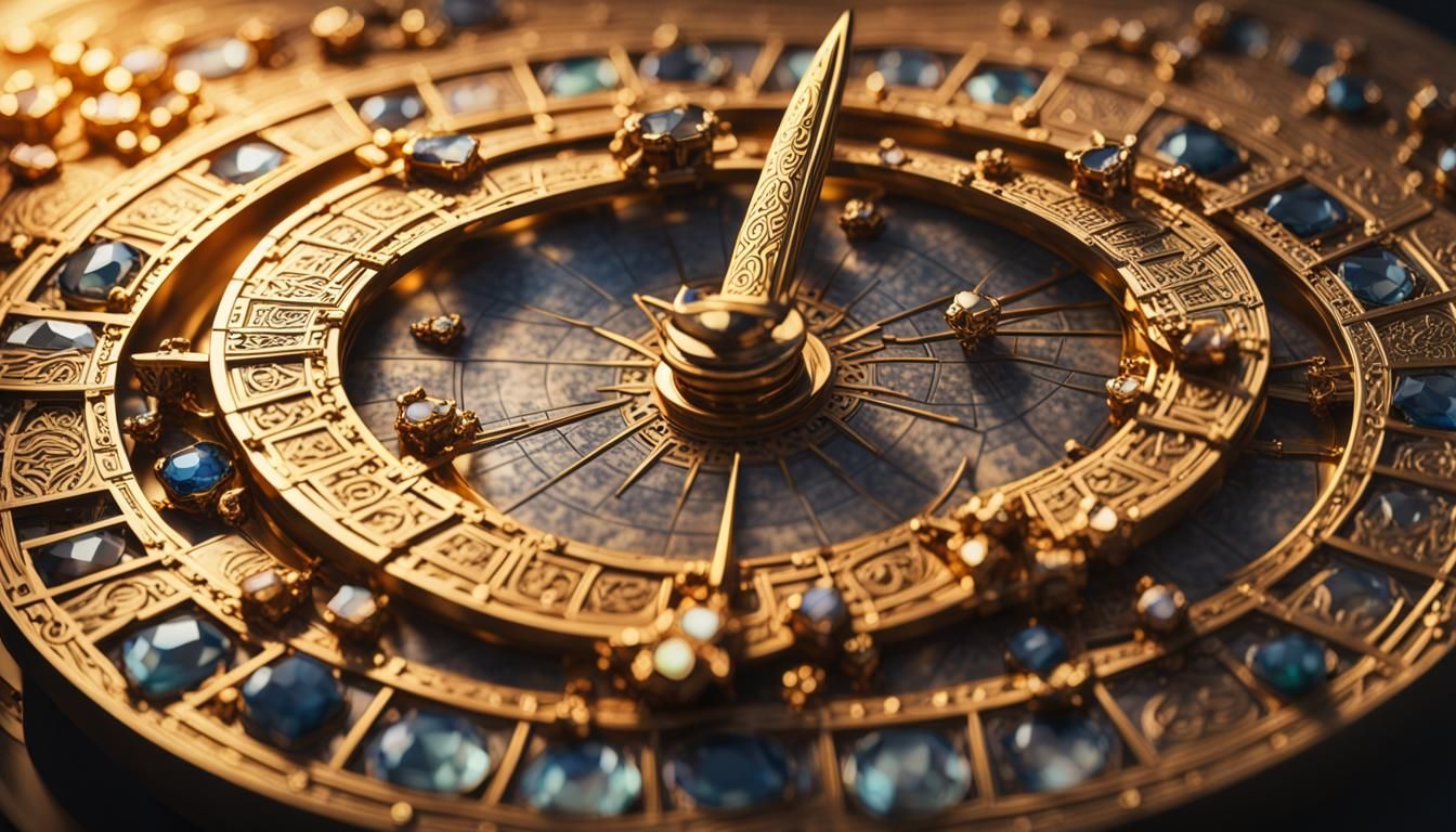 Gemstone and Gold Sundial in Golden Hour Lighting