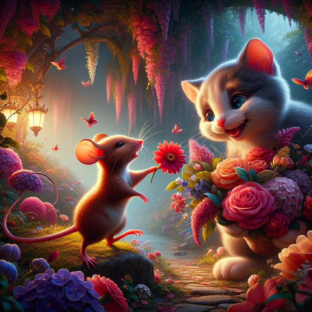 Charming Mouse Surprises Kitten with Bouquet in Fantasy Art