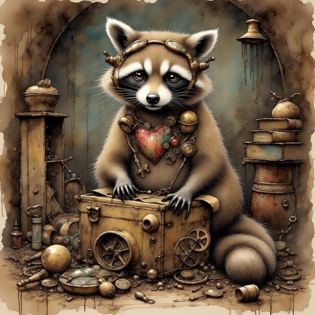 Steampunk Raccoon in Dusty Attic Illustration
