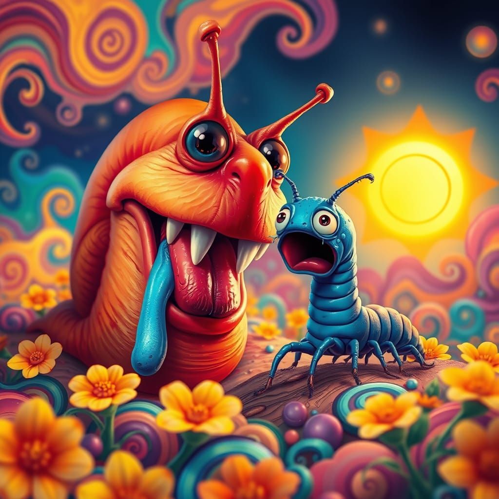 Vibrant Snail Encounter in a Fantastical Dreamscape