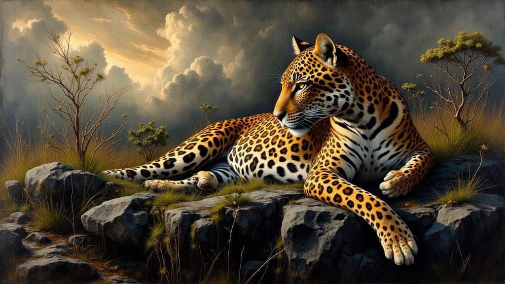 Resting Jaguar with Spotted Fur in Painterly Style