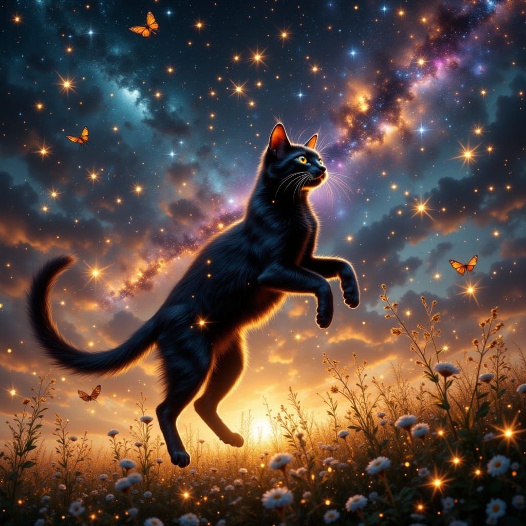 Silhouette Cat Leaping at Flying Grasshoppers at Sunset