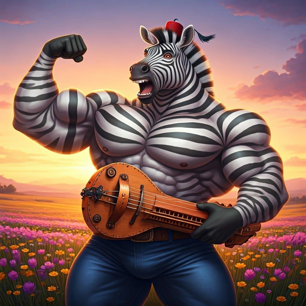 Hyperrealistic Zebra Flexing with Hurdy-Gurdy at Sunset