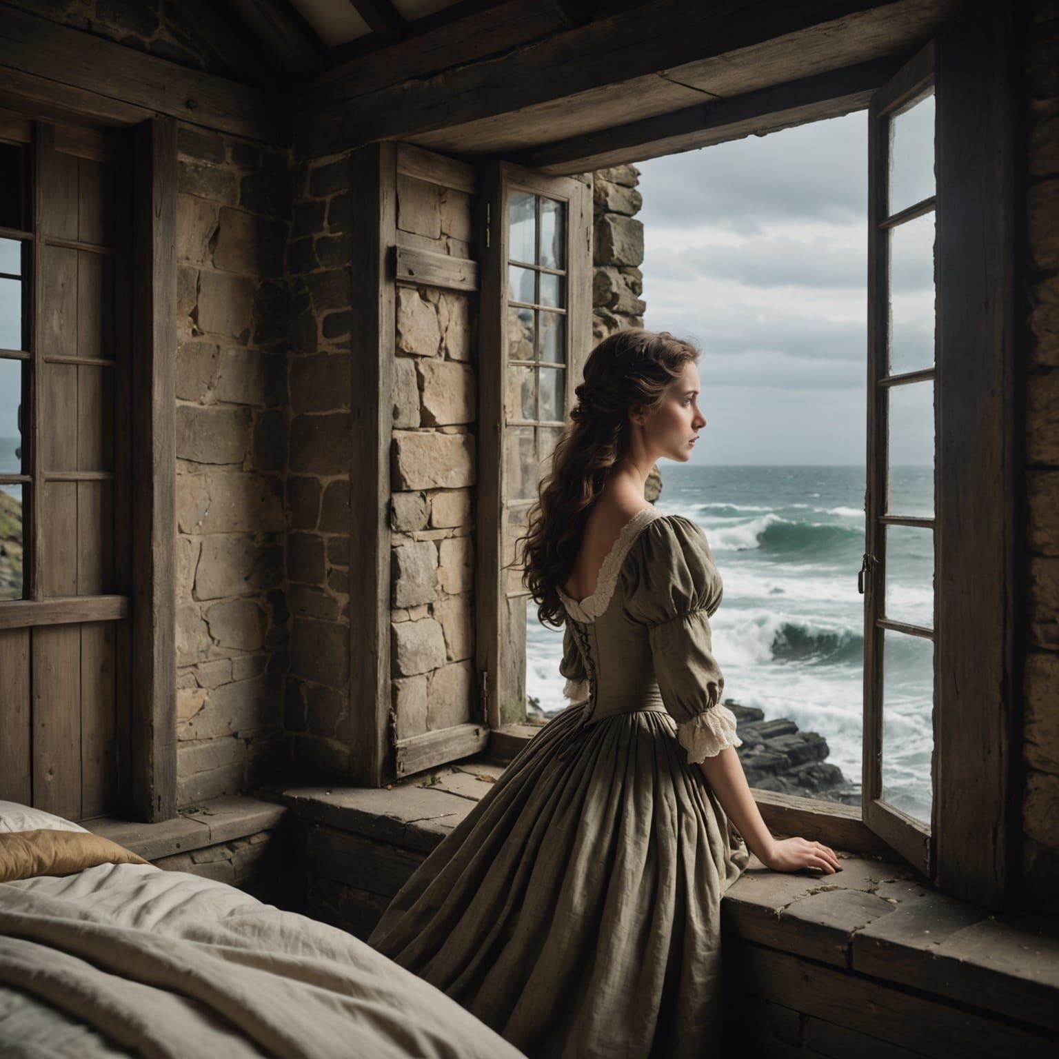 Regency Woman Gazes at Sea from Cottage Window