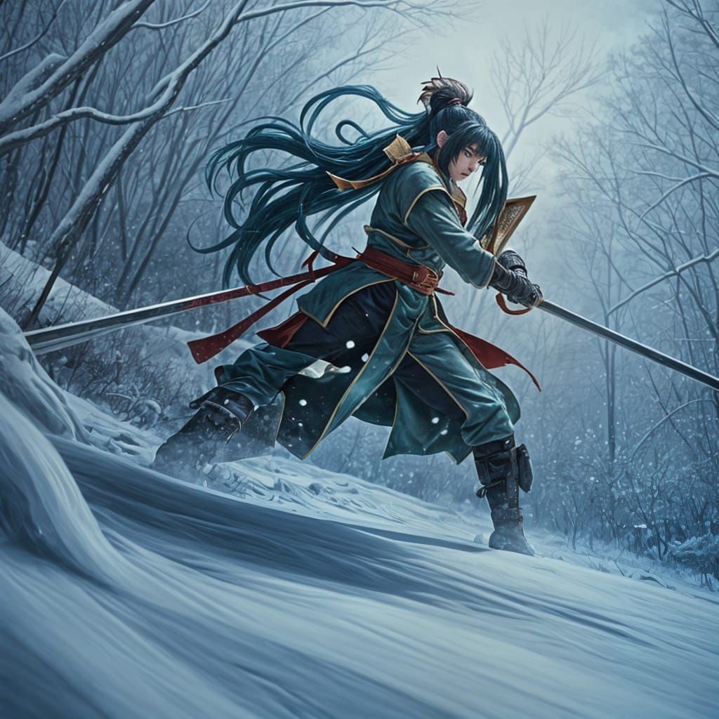 female warrior fighting in snow.