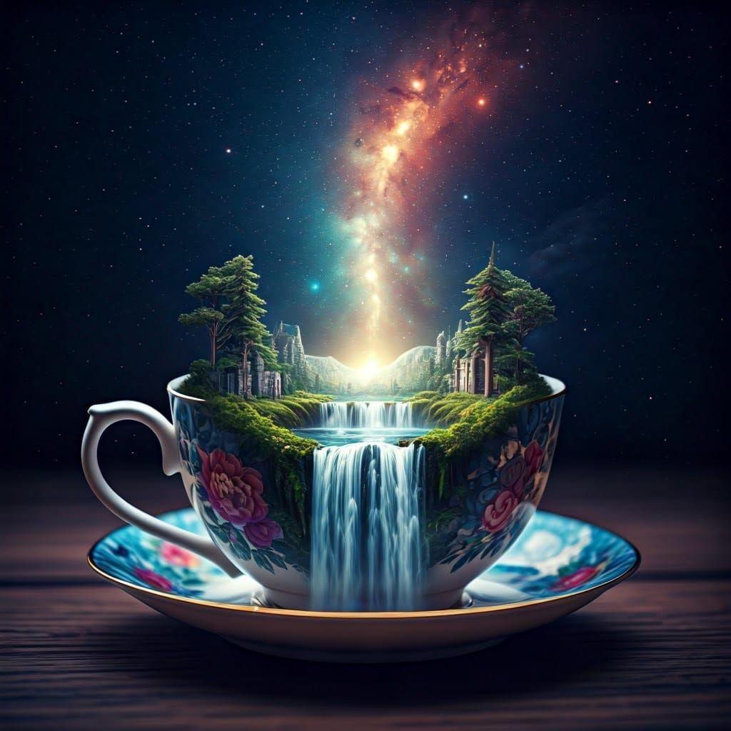 Waterfall Kingdom in Teacup: Surreal Collage Art