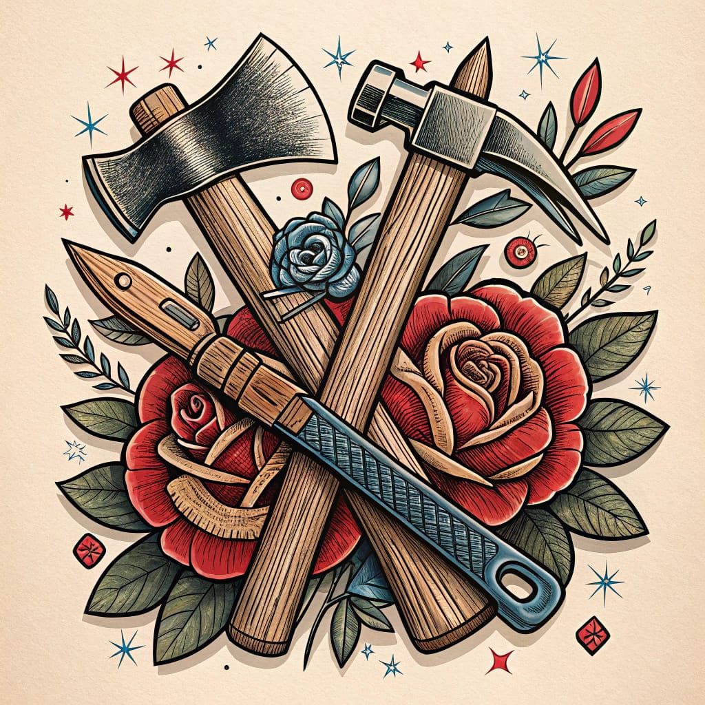 Vibrant Traditional Tattoo Design Featuring Carpenter's Tool...