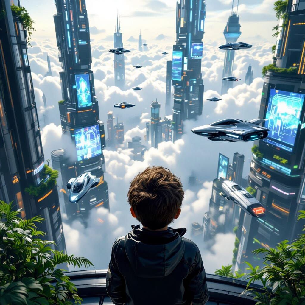 Futuristic Cityscape View with Boy in Cyberpunk Style
